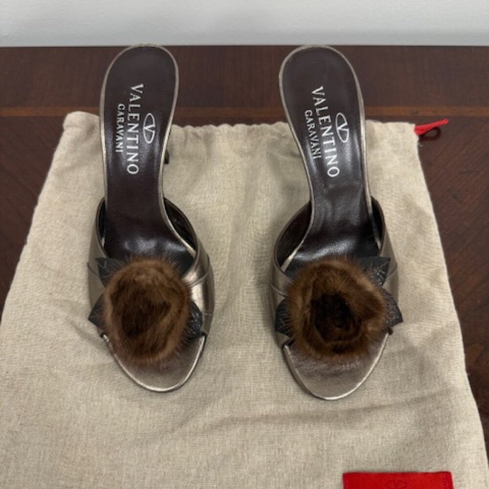 Valentino Garavani Fur Rose Metallic Slide Heels